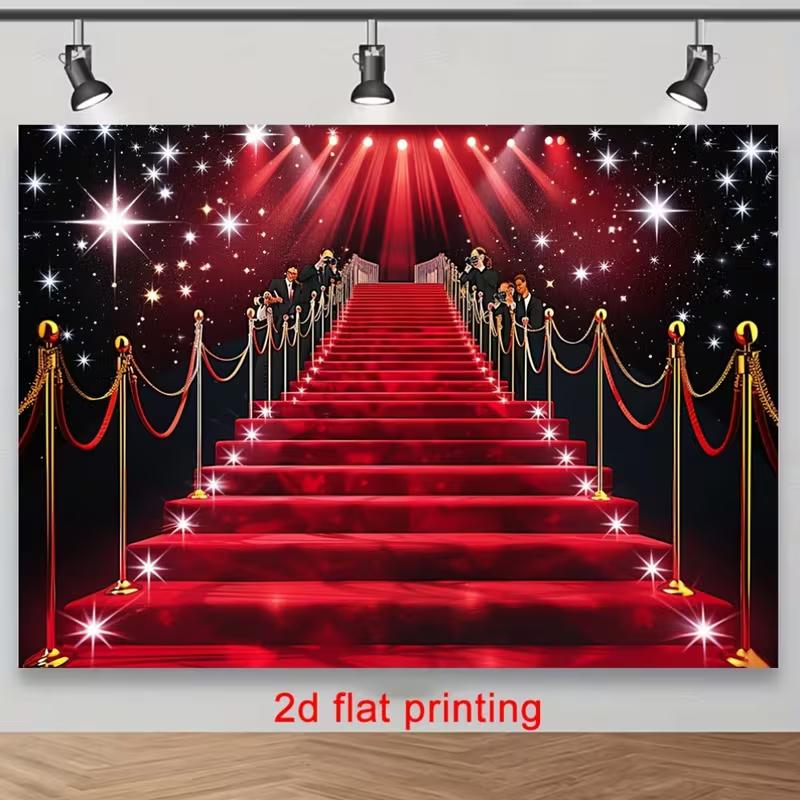 2D Glitter Red Carpet Stair Wall Tapestry, Celebrity Event Spotlight Backdrop for Parties