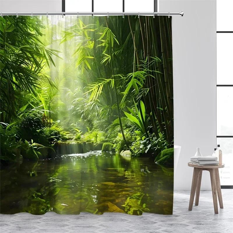 300x180CM Landscape Shower Curtains Green Plants Palm Tree Waterfall Forest Nature Scenery Home Bathroom Curtain Decor Set