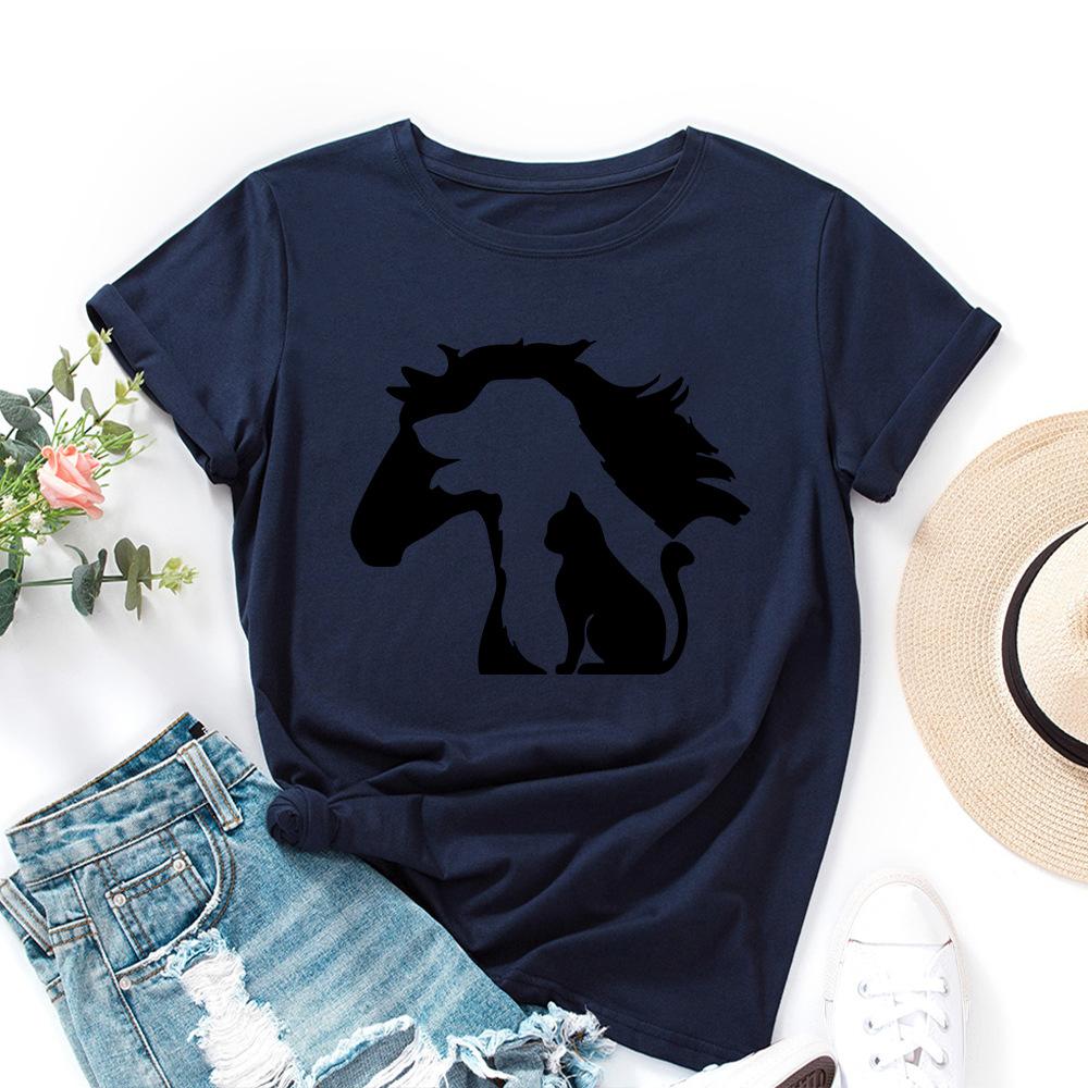 Silhouette Animals Cotton T-Shirt Short Sleeve Round Neck Women 2d Print Tops