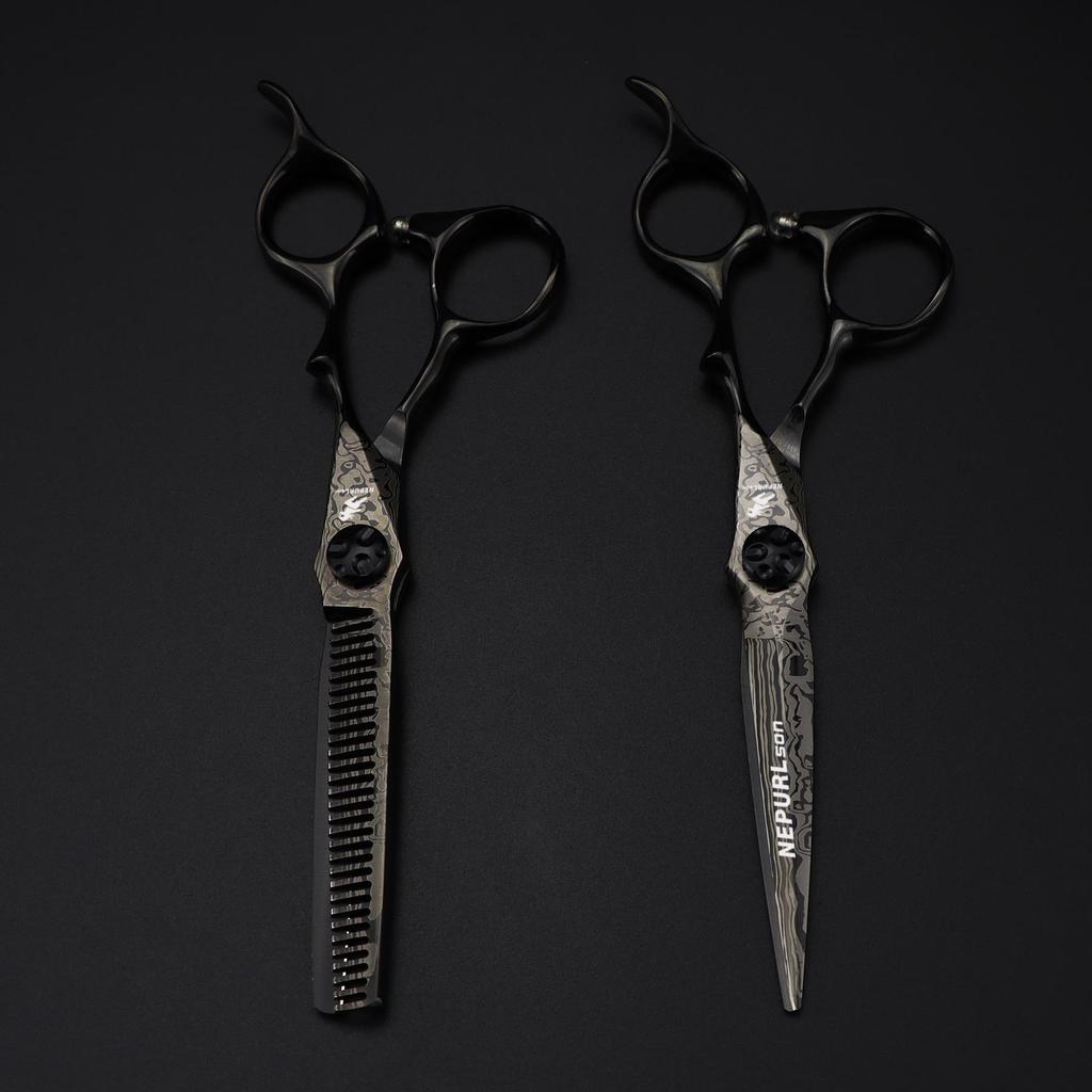 MCG-15 Black Damascus Hairdressing Scissors Set: Straight, Serrated, and Thinning Scissors for Hair Salon