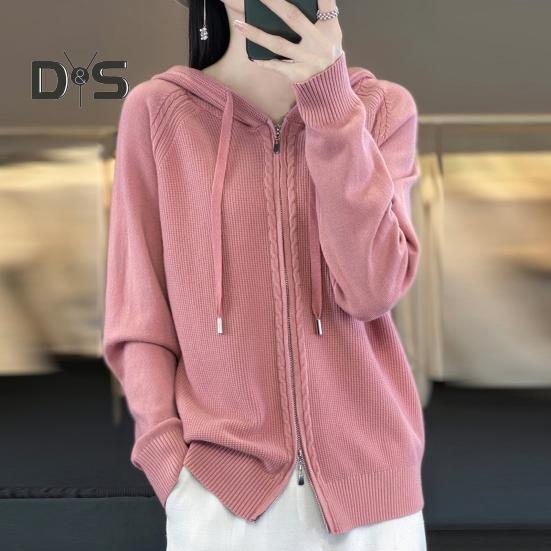 Women Sweater Coat Hooded Drawstring Long Sleeve Double Zippers Knitting Coat Solid Color Loose Fit Jacquard Outwear