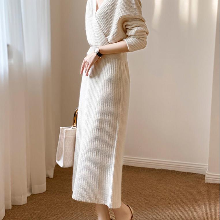 French Elegant V-neck Wool Dress, Celebrity Style, Thin In Autumn and Winter, Knitted Dress, Female