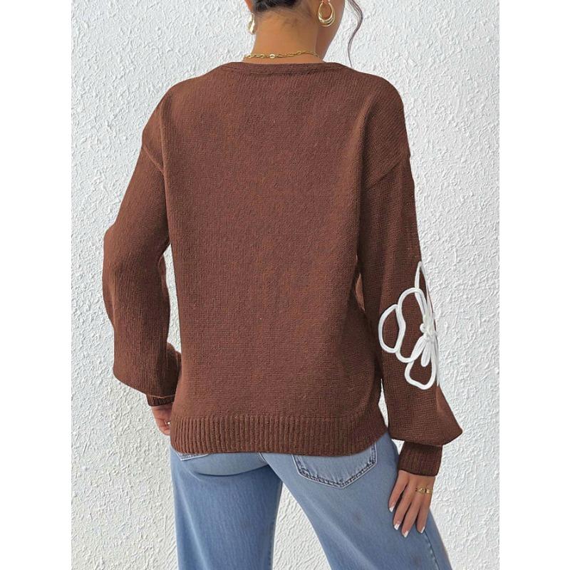 Women S V Neck Pullover Sweater With Flower Embroidery Casual Style