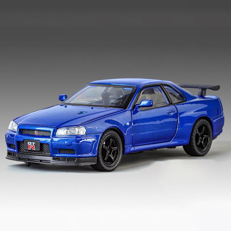 

1:32 Nissan GTR R34 Skyline Street Car Version Supercar Die Casting Alloy Model Metal Car Sound Light Pull Back Valentine s Day синий