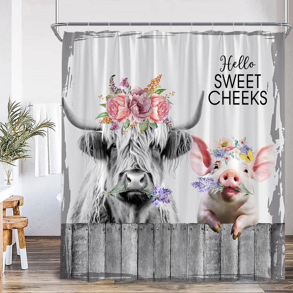 Farm Animal Print Shower Curtainh Funny Highland Cow Donkey Pig Horse Floral Vintage Wooden Plank Fence Retro Bathroom Curtain