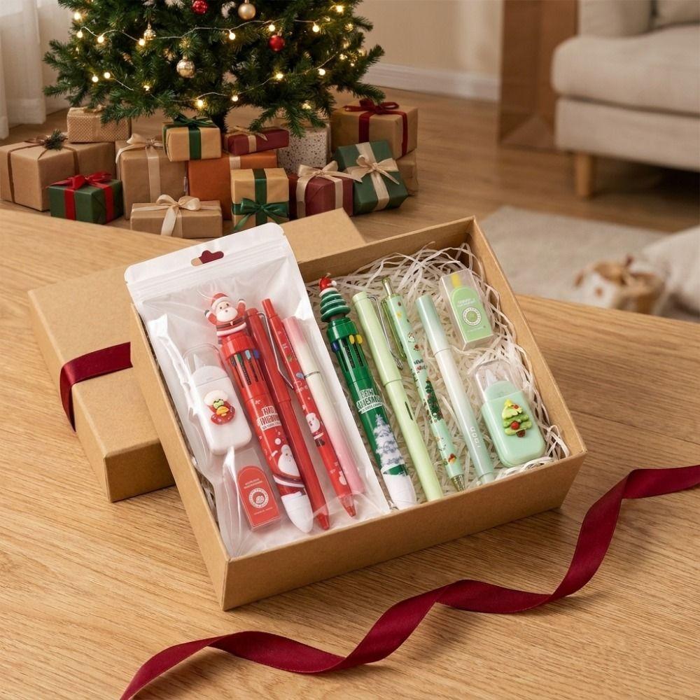 6Pcs/Set Cartoon Christmas Stationery Set 10-color Ballpoint Pen Highlighter Pen Student Tools Gift Kit Correction Tape