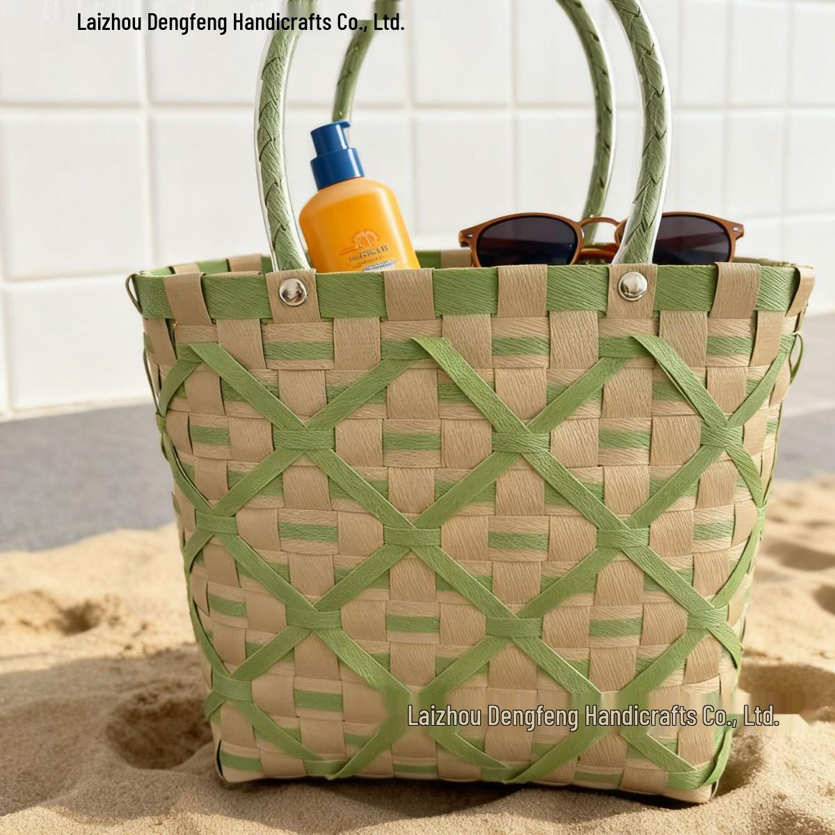 Сплетенная вручную пляжная сумка-тоут для пикника зелёный