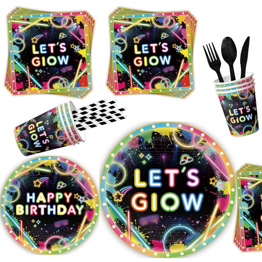 Set per Festa Graffiti al Neon: Piatti, Bicchieri, Tovaglia, Bandierine e Striscioni Monouso per Feste di Compleanno.