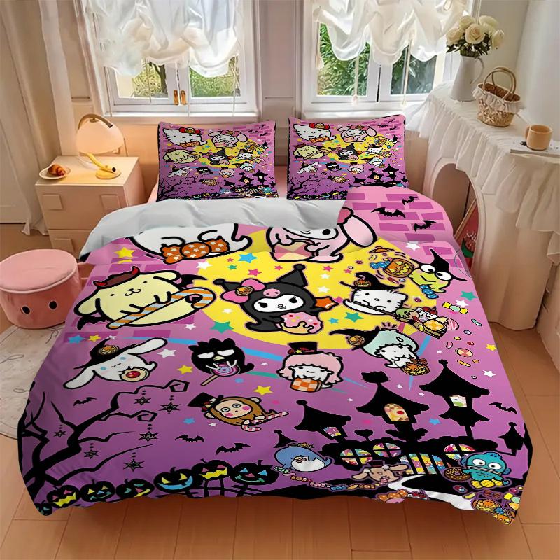 3pcs Halloween Sanrio Character Design Bedding Set 1 Soft Quilt Cover + 2 Pillowcases, Machine Washable Suitable for All Seasons, Perfect Gift W028