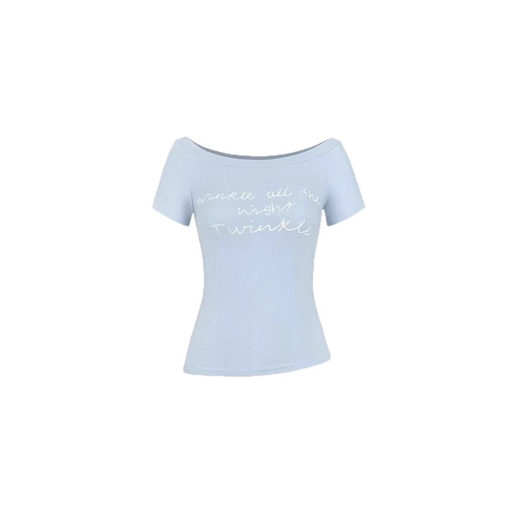 Pure Desire Style Letter Print Short-sleeved T-shirt Women's Summer Thin and Versatile Sexy Chic Slanted Shoulder Off-the-shoulder Top