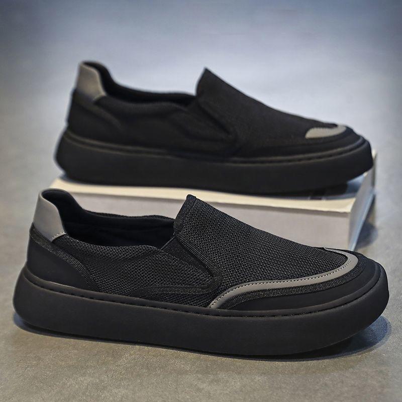 Summer casual shoes breathable canvas shoes thin mesh men's board shoes black one-pedal sneakers lazy shoes