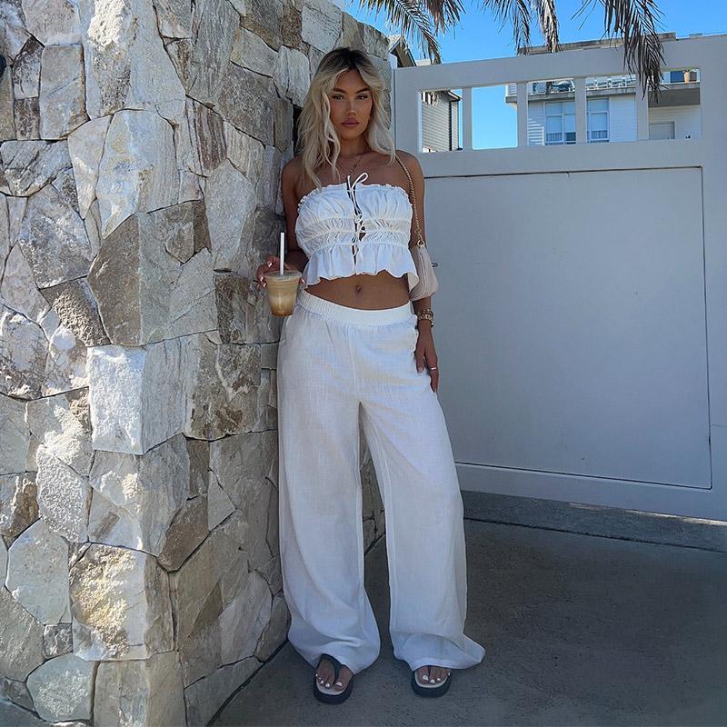 Elegant Solid Color Cotton Linen Two Pieces Set High Street Women Sexy Crop Top+Wide Leg Pants Suit Female 2 Piece Trousers Sets