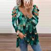 Women Casual Fashion Printed Zipper Long-sleeved V-neck T-shirt Top Blouse