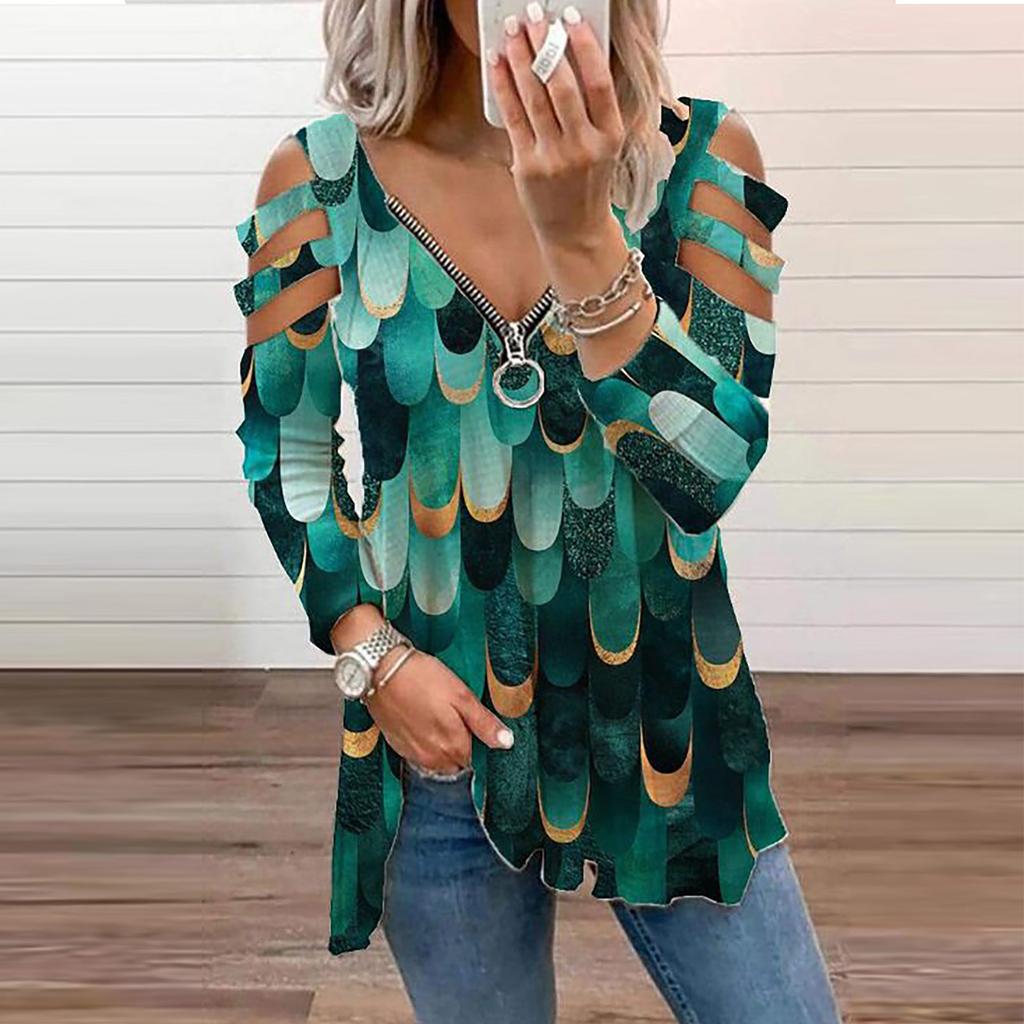 Women Casual Fashion Printed Zipper Long-sleeved V-neck T-shirt Top Blouse