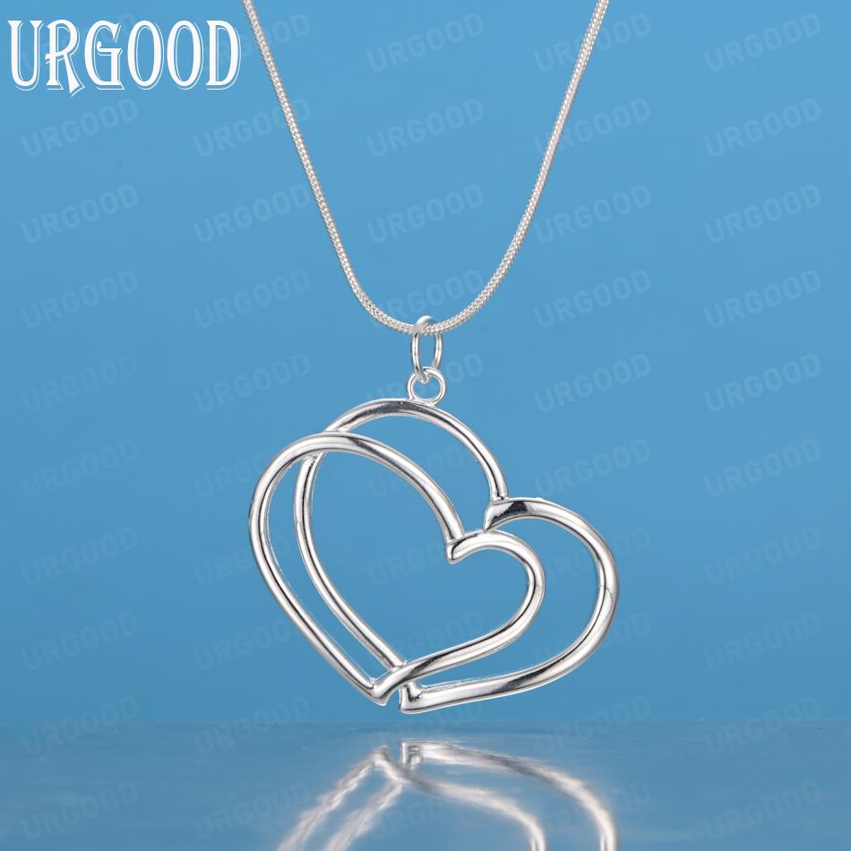 925 Sterling Silver Double Heart Pendant Necklace Gift Fashion Wedding Jewelry