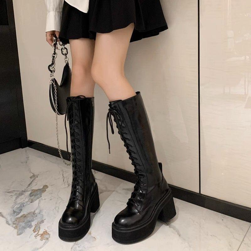 Womens Knee Length Boots Fashion Thick-soled Casual Boots High Quality Leather Boot Lace Up Platform Boots for Women Botas Mujer