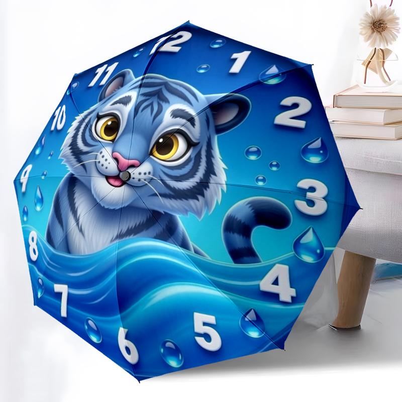 1pc Rose Clock Combination pattern Sturdy 8-Bone Auto Umbrella, Bright Umbrella, Digital Printed, Foldable Umbrella for On-the-Go Outdoor Use