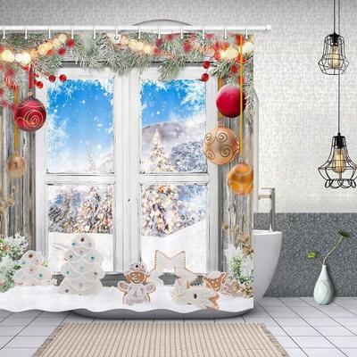 Kerst Peperkoekmannetje Sneeuw Douchegordijn Set ,Kleurrijke Kerstballen Polyester Stof Winter Kerstboom Badkamergordijn Decor