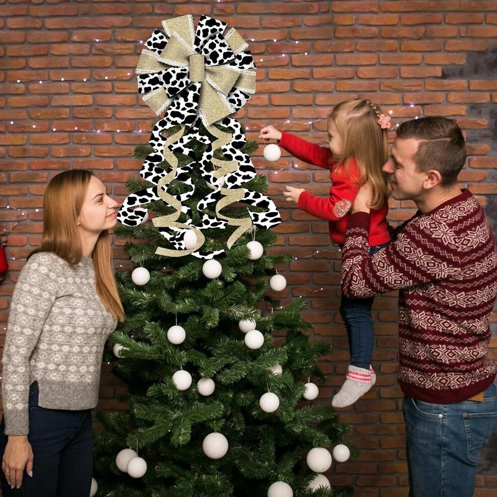 Cow Print Christmas Tree Topper Bow, Rustic Cow Farmhouse Ox Christmas Wreath Bow, Black and White Decorative Large Gift Bow, Xmas Hanging Ornament