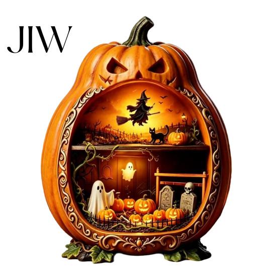 Wooden Halloween Decorations Centerpiece Pumpkin, Pumpkin Ornament with Miniature Scenes, Rustic Unique Table Centerpieces Skeleton for Farmhouse Home