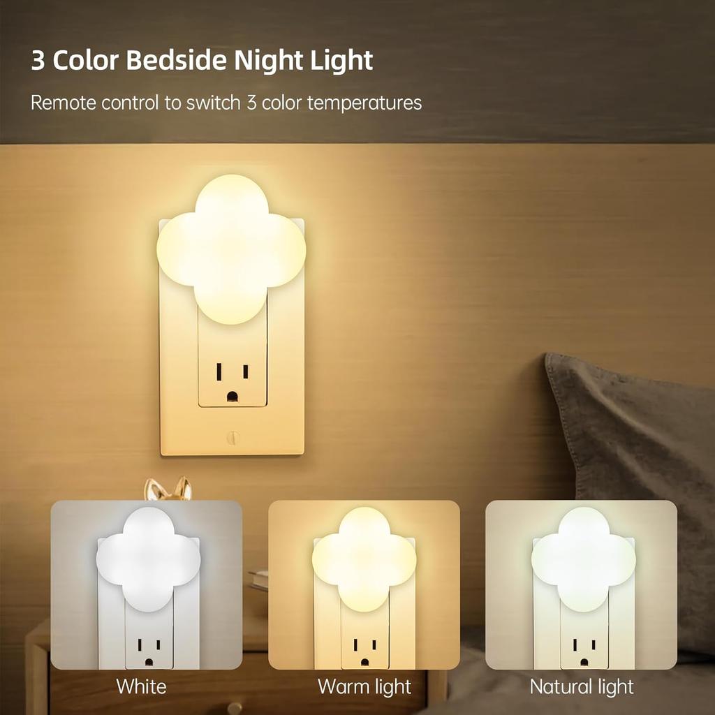 Plug In Night Light Remote Control LED Nightlight, 2 Pcs Dimmable Lamp, 3 Colors, Timer 15/30/60 Min Wall Lighting for Baby Nursery, Bedroom, Kid