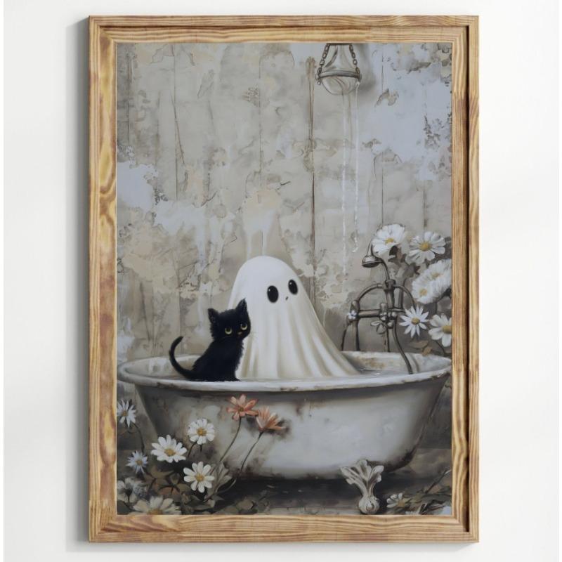 Poster Print Fantomă și Pisică Neagră Flori Sălbatice de Pădure Pictură pe Pânză cu Dovleac Artă Spooky de Halloween Cameră Dark Academia Decor Acasă