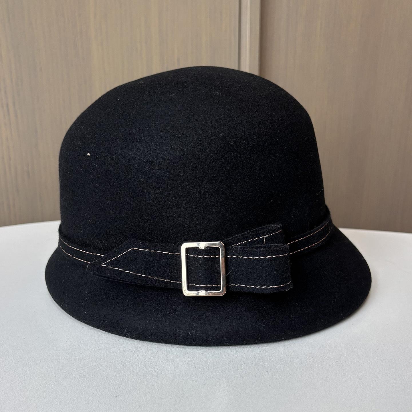 Простая шерстяная шляпа-ведро в стиле Хепберн, шляпа из фетра для светской дамы, теплая шляпа-ведро для женщин на сезон Adjustable чёрный