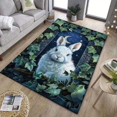 Enchanted Rabbit Rug with Moon and Stars - Magical Home Decor for Fantasy Fans | Cozy Living Room Carpet Skid Resistant Carpet