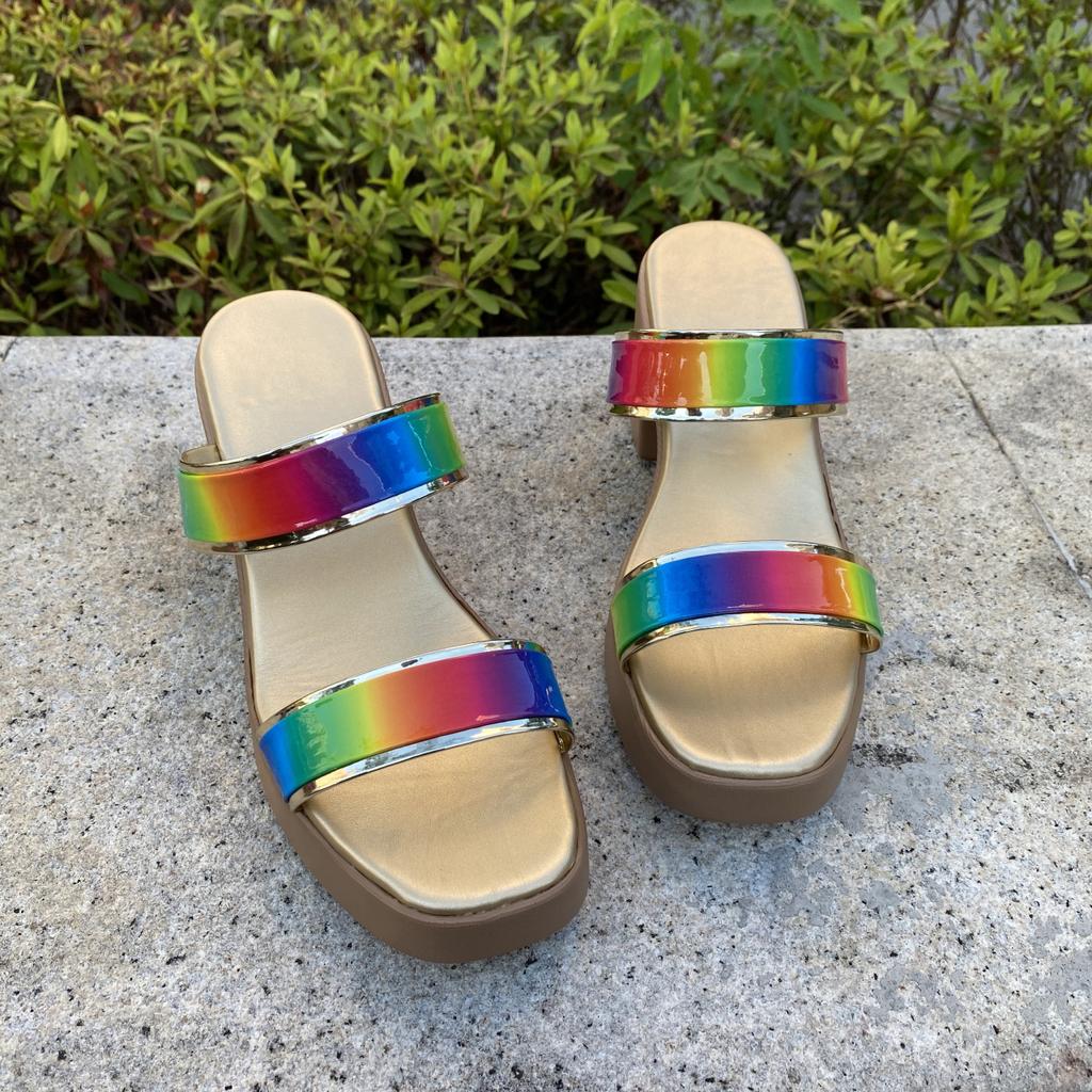 2025 European and American foreign trade new waterproof table high-heeled women's slippers color high-heeled one-word broadband open-toed sandals