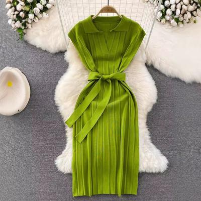 Dress Women Long Dresses Knitted Lace Up Tight Waist Polo Neck Solid Slim Fit Short Sleeve  Elegant Splice Summer