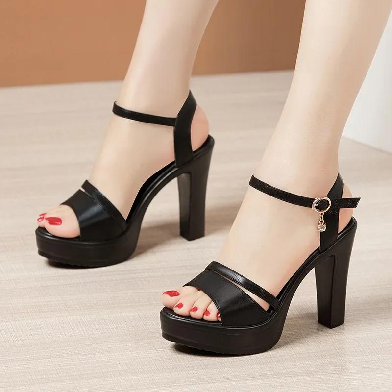 Small Size 32-43 Red Silver Wedding Shoes Women Block High Heels Summer 2025 Elegant Chunky Platform Sandals for Office Model