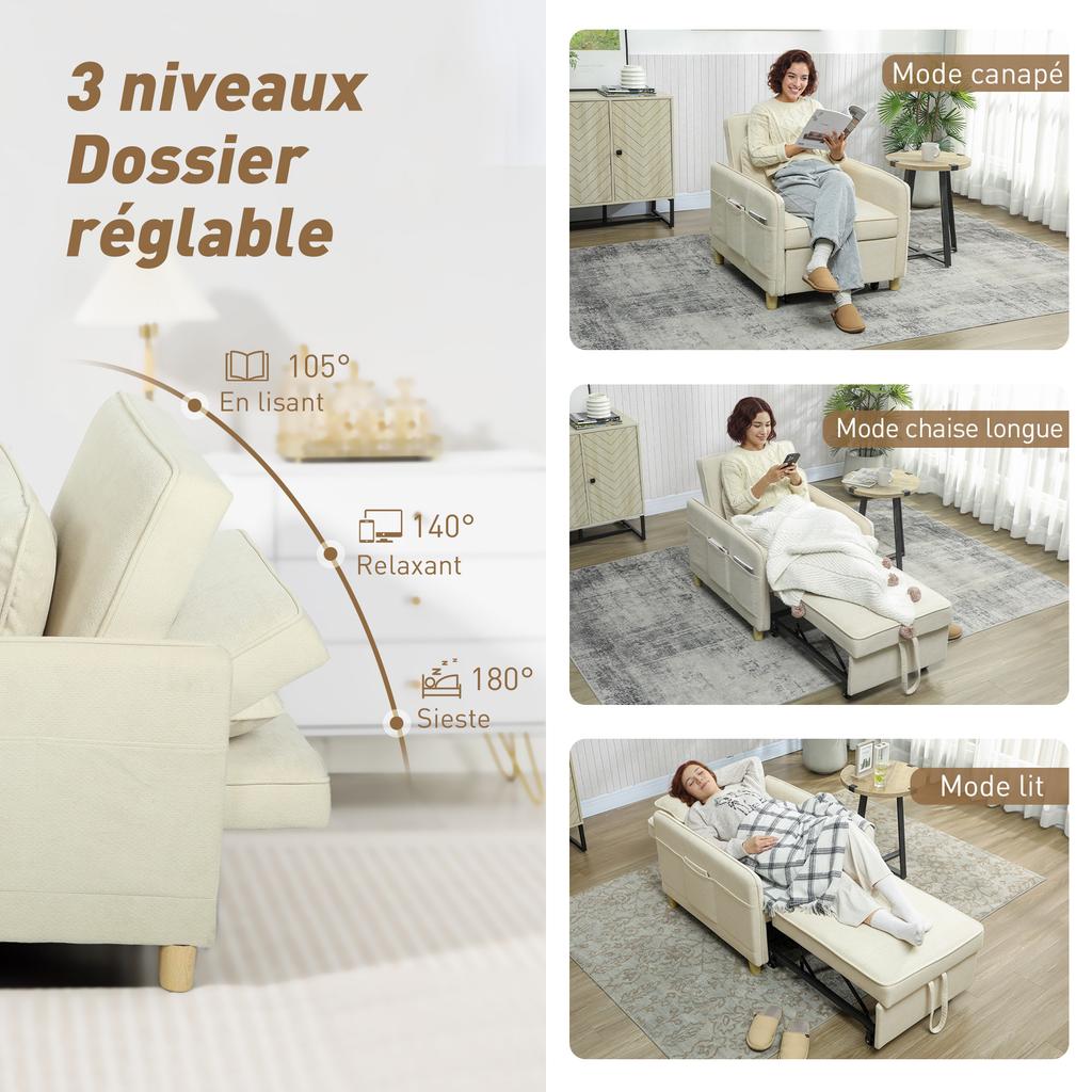 Convertible Armchair, 1-Seater, 3-in-1, Corn-Grain Velvet, Beige