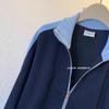 Womens Navy Blue Color Block Zip Up Sweatshirt Long Sleeve Stand Collar Polo Neck Casual Outerwear