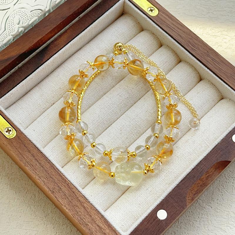 Citrine, lemon citrine engraved Pixiu, double chain stackable, original double circle bracelet bracelet.