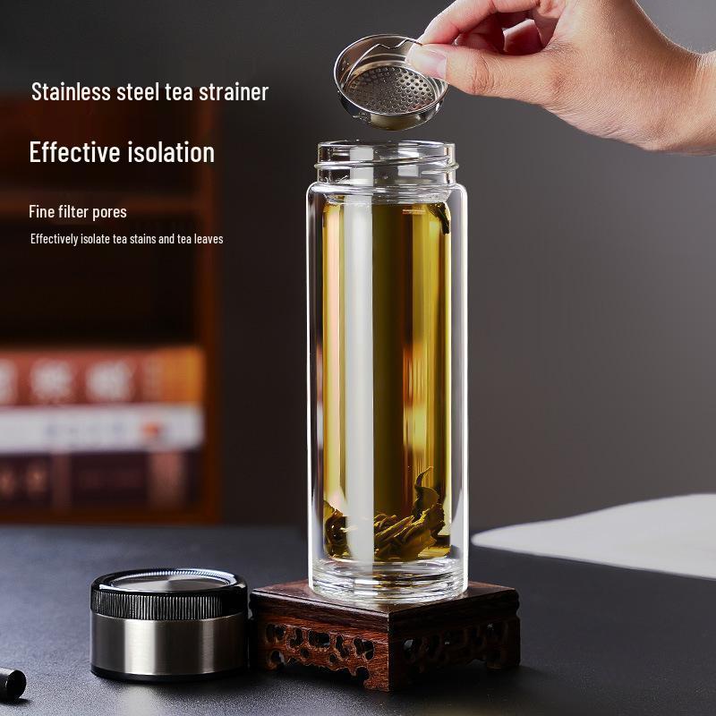 Threaded Double-Layer High Borosilicate Glass Tea Cup with Custom Logo and Screw Cap