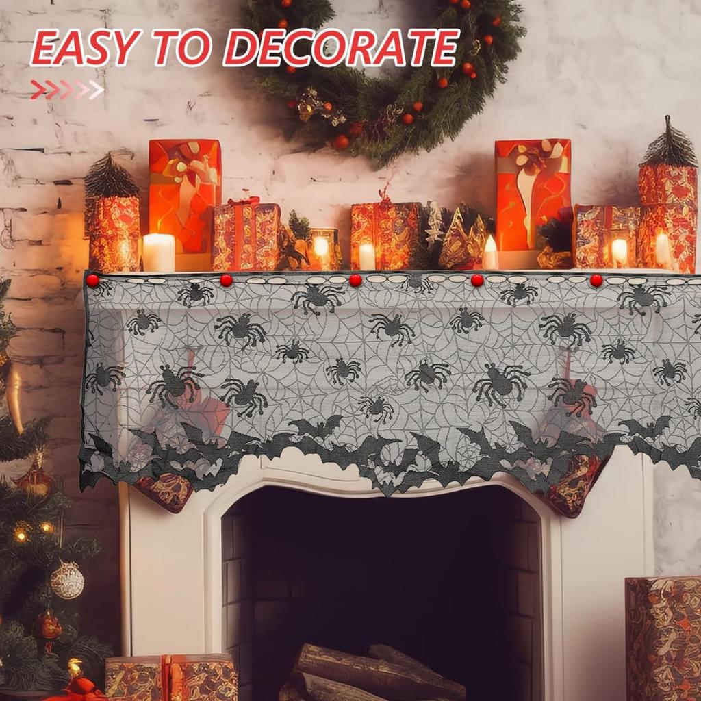 BESTOYARD Halloween Lace Window Curtain with Spider and Bats Design, Sheer Curtain for Indoor, Lampshade, Fireplace Cloth, Spooky Ghost Festival