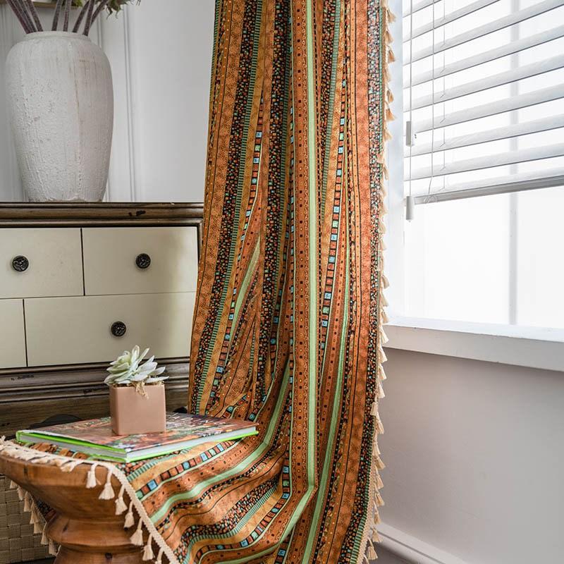 American Bohemian Style Red Gilding Stripe Cotton Linen Printing Semi Transparent Living Room Blackout Home Window Curtain
