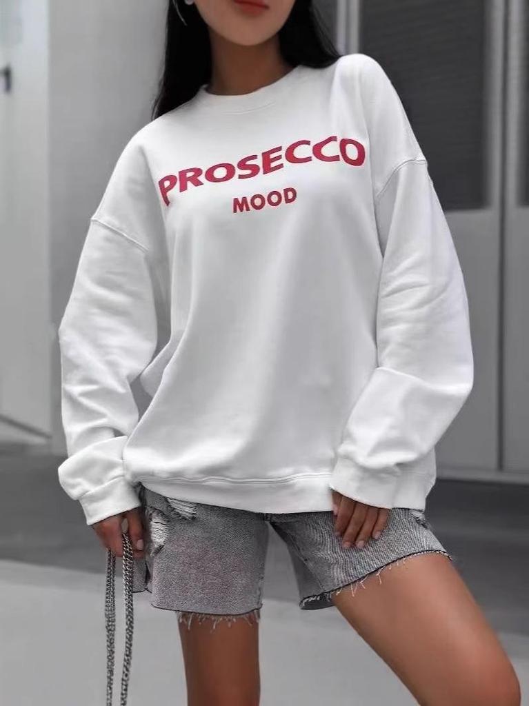 European Style Oversized Chic Letter Print Sweatshirt - Fleece-Lined, Round Neck, Versatile & Trendy