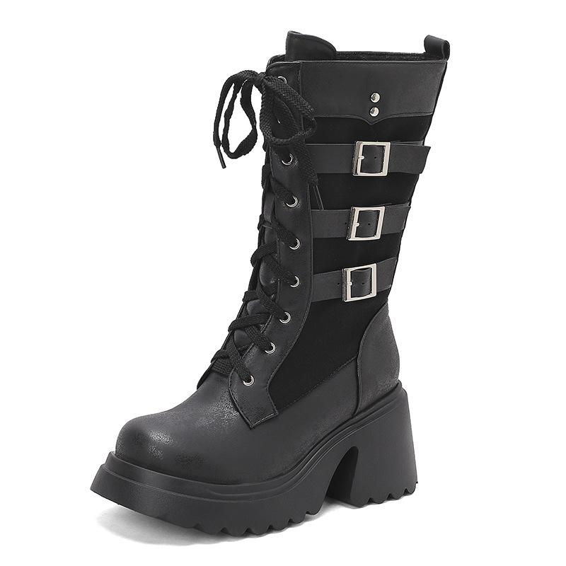 Hebilla de Cinturón de Metal Tubo Mediano Botas de Moda Suela Gruesa Muffin Botas Casuales Botas Martin Talla Grande 40-45 Botas