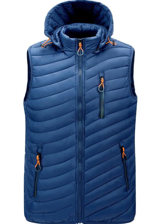 Men's Hooded Cotton-Padded Vest with Zipper Pockets for Autumn & Winter