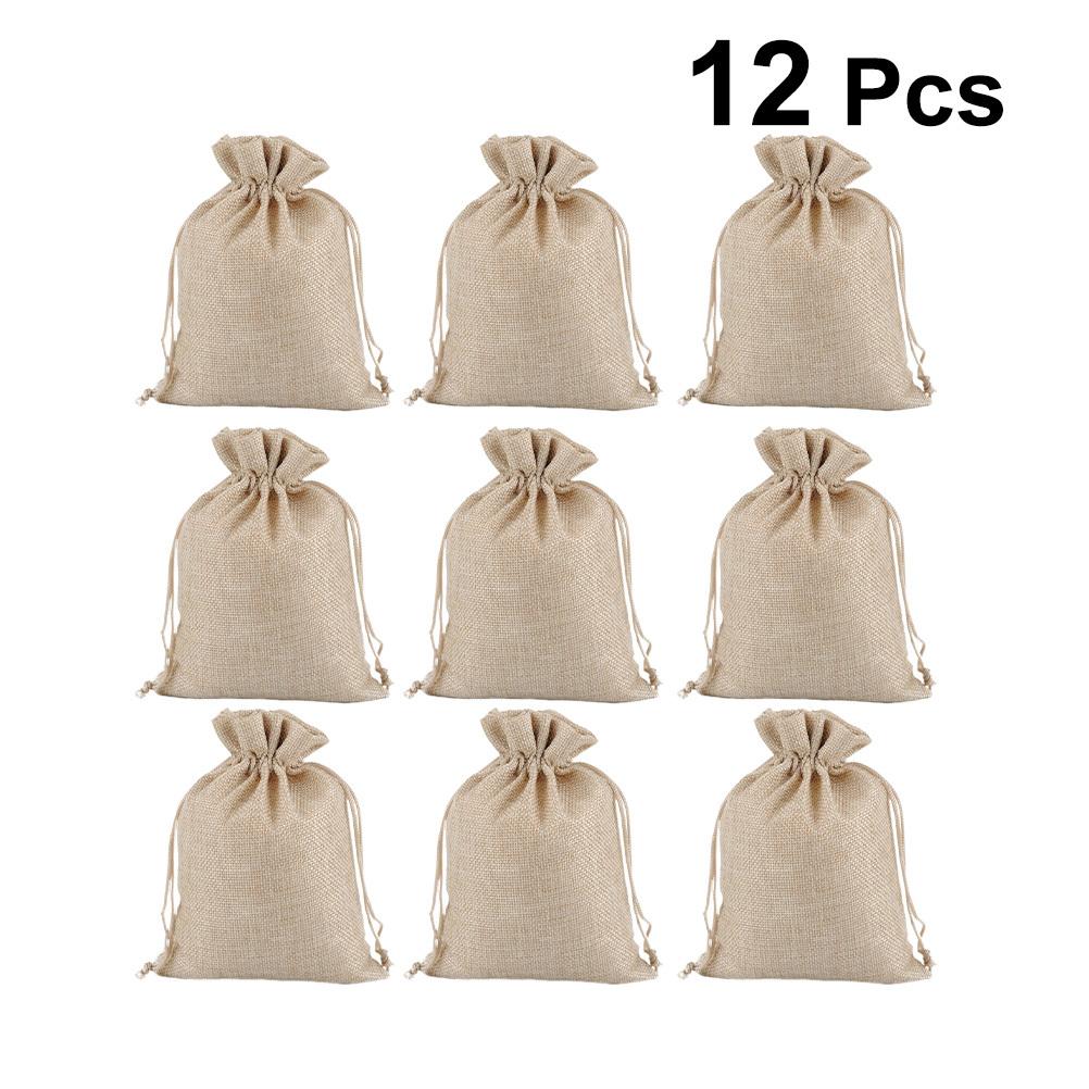 12Pcs 13x18cm Lightweight Linen Gift Bag Christmas Candy Pouch for Kids Holiday Party Favors Storage Drawstring Pouch Beige