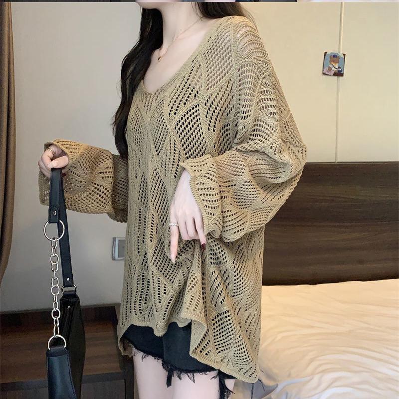 Rhombus lazy V-neck hollow long-sleeved knitted sweater women's spring and summer hem irregular sunscreen blouse knitted top