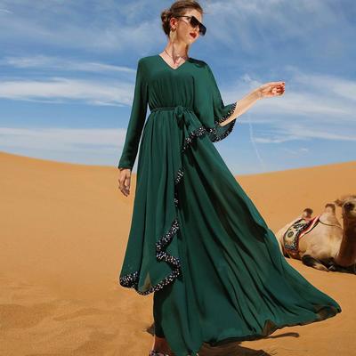 Muslim Dress Purple V-neck Double Layer Chiffon Sequins Irregular Slim Dress
