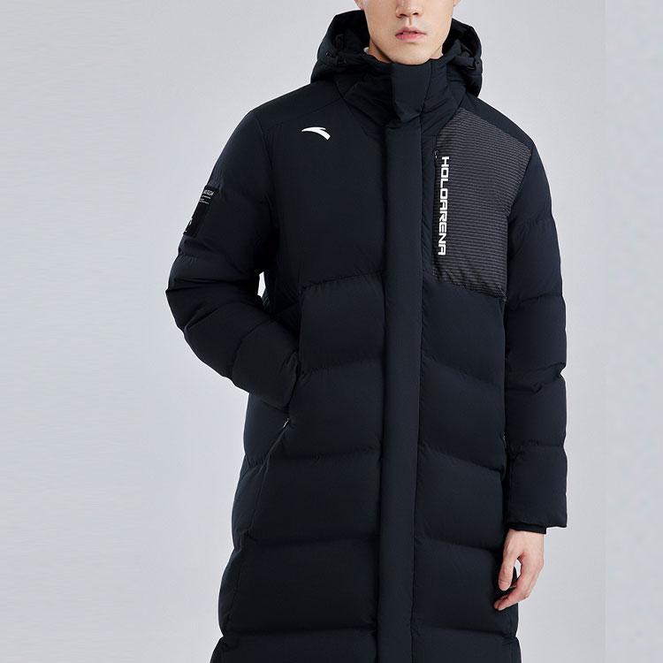 Anta Solid Color Logo Print Zip-Up Hooded Down Jacket Unisex Outerwear Black 952247970-3