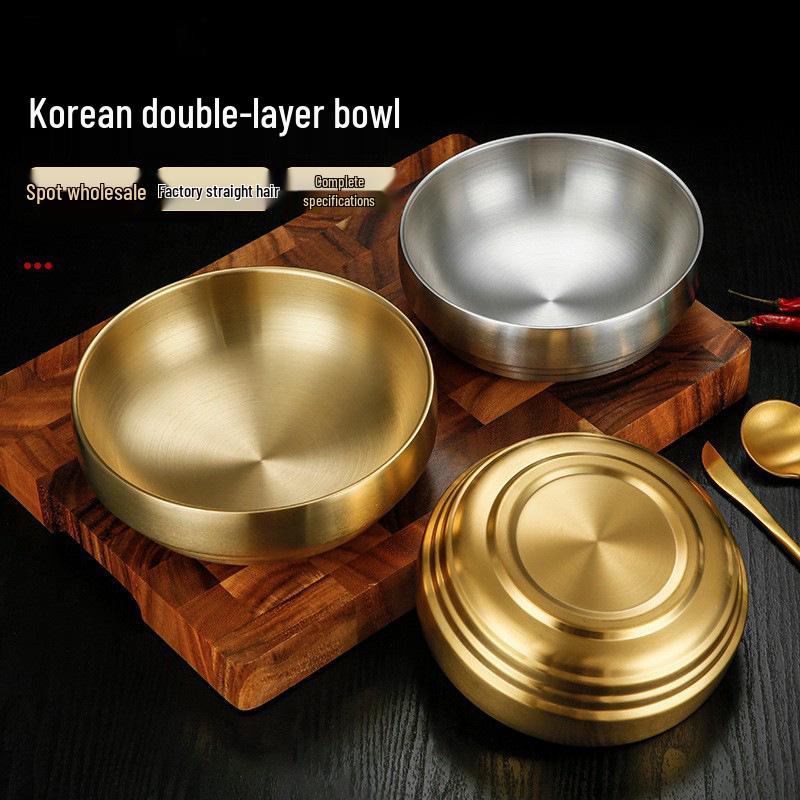 Korean Style Stainless Steel Gold Ramen and Cold Noodle Double Layer Bowl