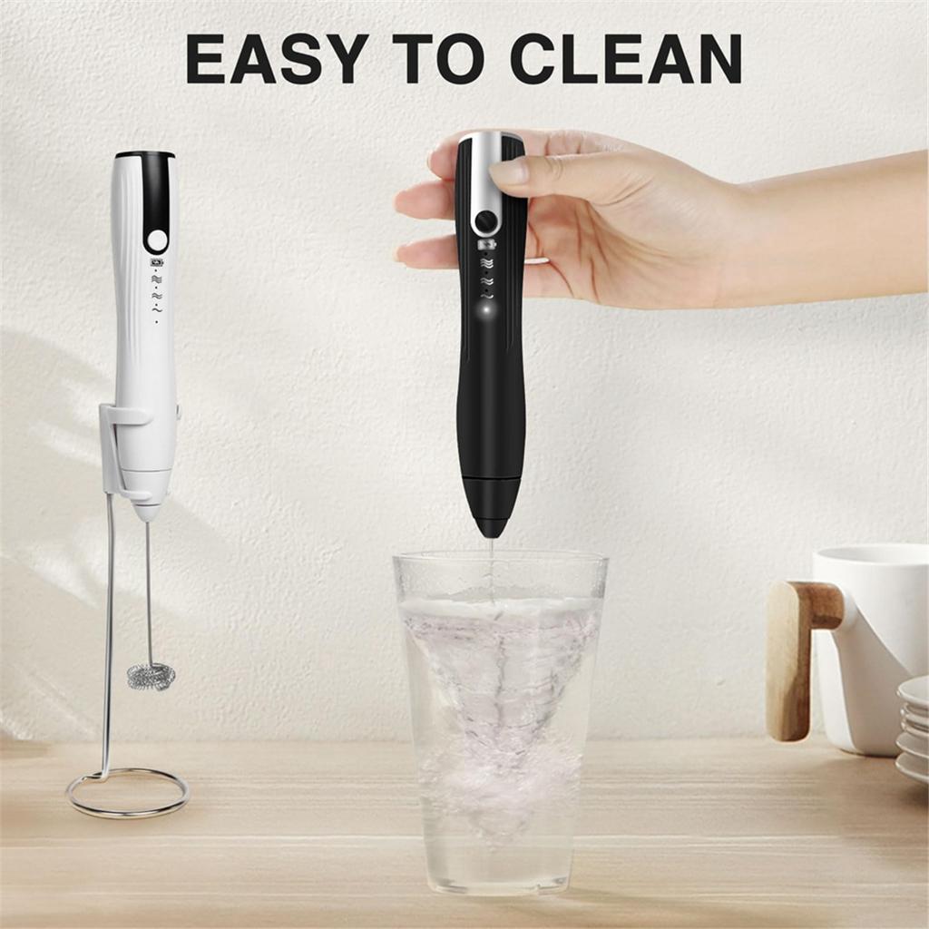Rechargeable Milk Frother Handheld with 3 Speeds, Powerful Whisk Drink Mixer with 2 Head for Coffee, Foam Maker Black