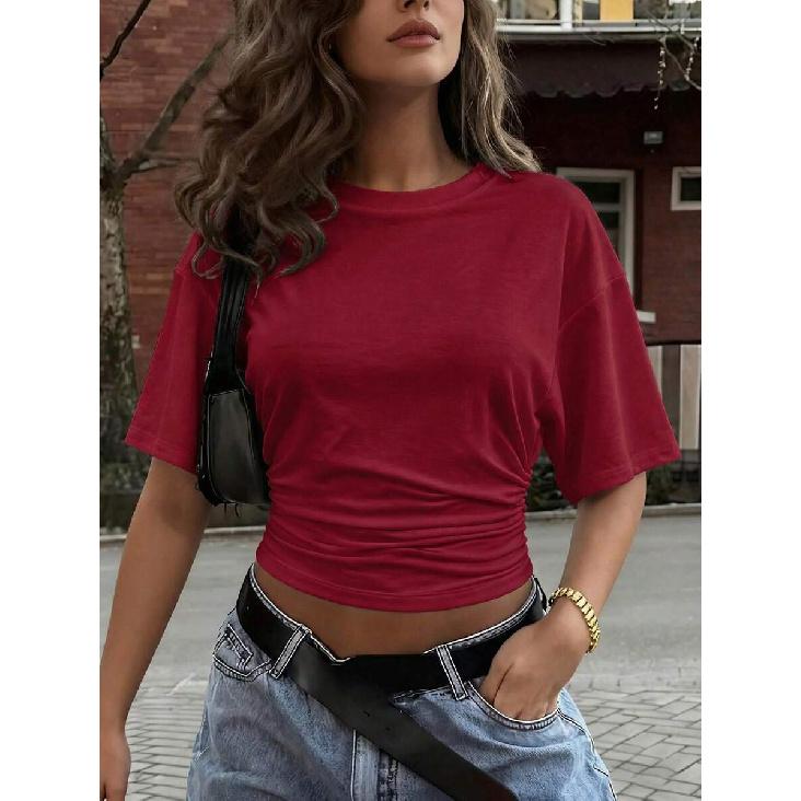 2026 Summer Pleated Solid Color Round Neck Slim-Fit Women's Short-Sleeve T-Shirt