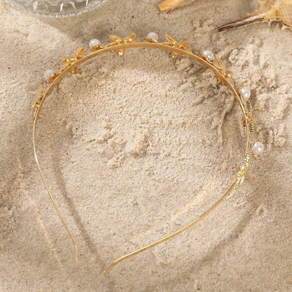 Gold Color Starfish Shell Headband Silver Pearl Hair Hoop Fashion Crown Tiaras Women