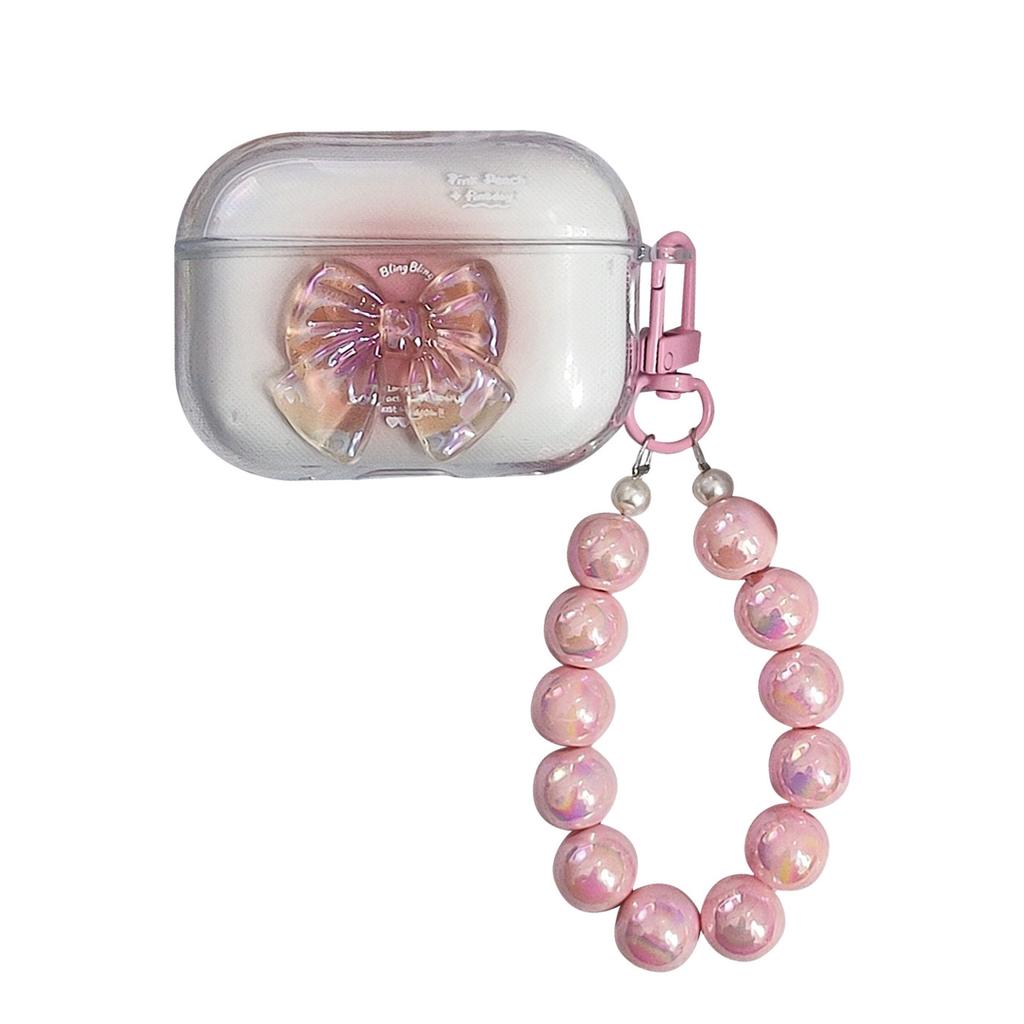 Gradual Change Pink Bow Pearl Hanging Chain Anti-drop Bluetooth Headset Case Compatible with AirPods1/1st Generation Pro1/1 Creative