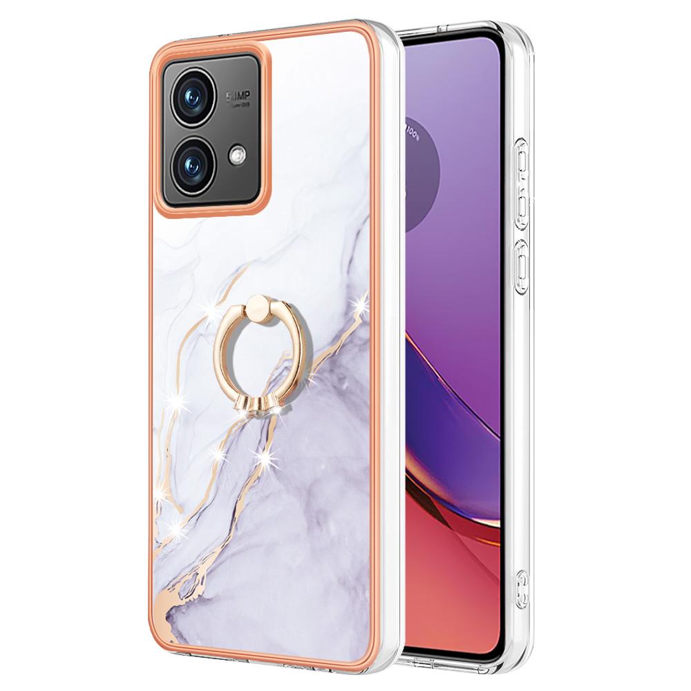 

For Motorola Moto G84 5G Case with Ring Kickstand Marble Pattern Electroplating TPU Back Cover White 006